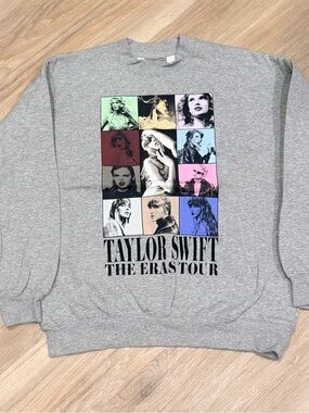 Taylor Swift Gray Eras Tour Graphic Crewneck Sweatshirt with Multi-Color Panels